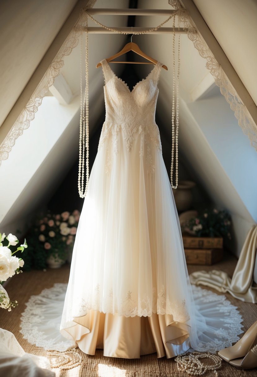 A vintage wedding dress hangs in a sunlit attic, surrounded by delicate lace, pearls, and satin. A sense of nostalgia and timeless elegance fills the air