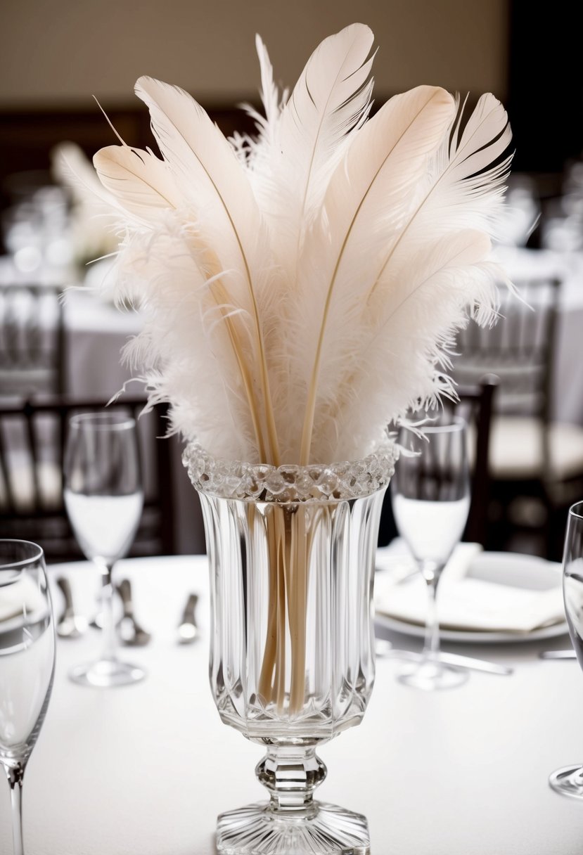 A clear crystal vase holds a delicate arrangement of feathers, creating an elegant wedding table centerpiece