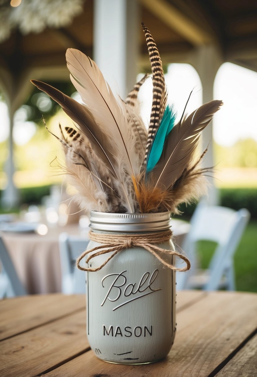 A mason jar filled with rustic feathers and adorned with twine sits on a wooden table, creating a charming wedding decoration