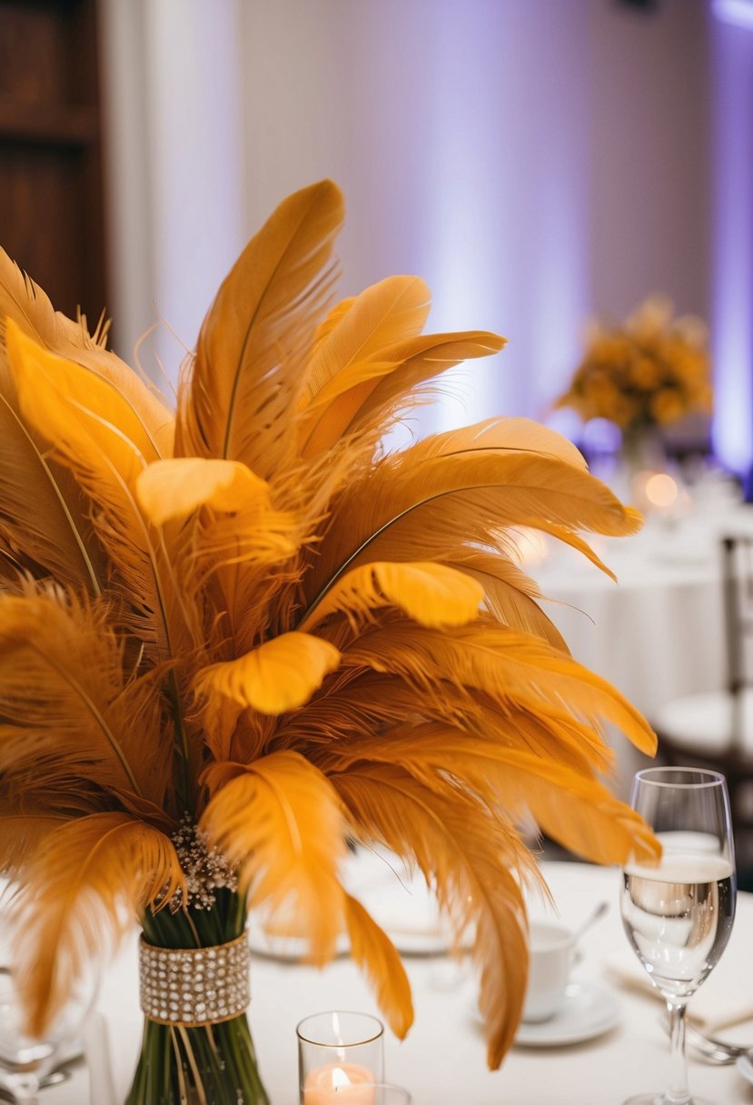 Golden feathers adorn a wedding table centerpiece, adding elegance and charm