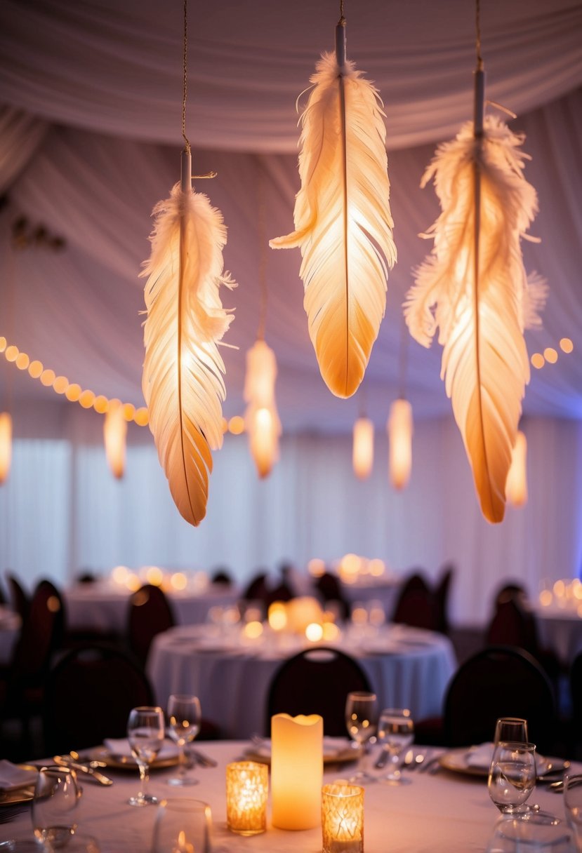 Feather candleholders floating above a wedding table, casting warm, flickering light