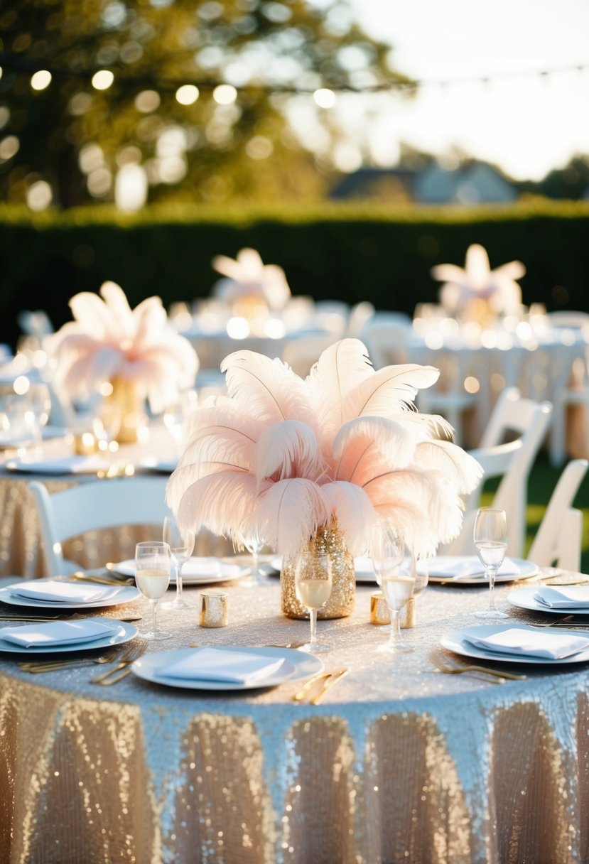 A table adorned with shimmering feather and sequin tablecloths, creating an elegant and whimsical ambiance for a wedding celebration