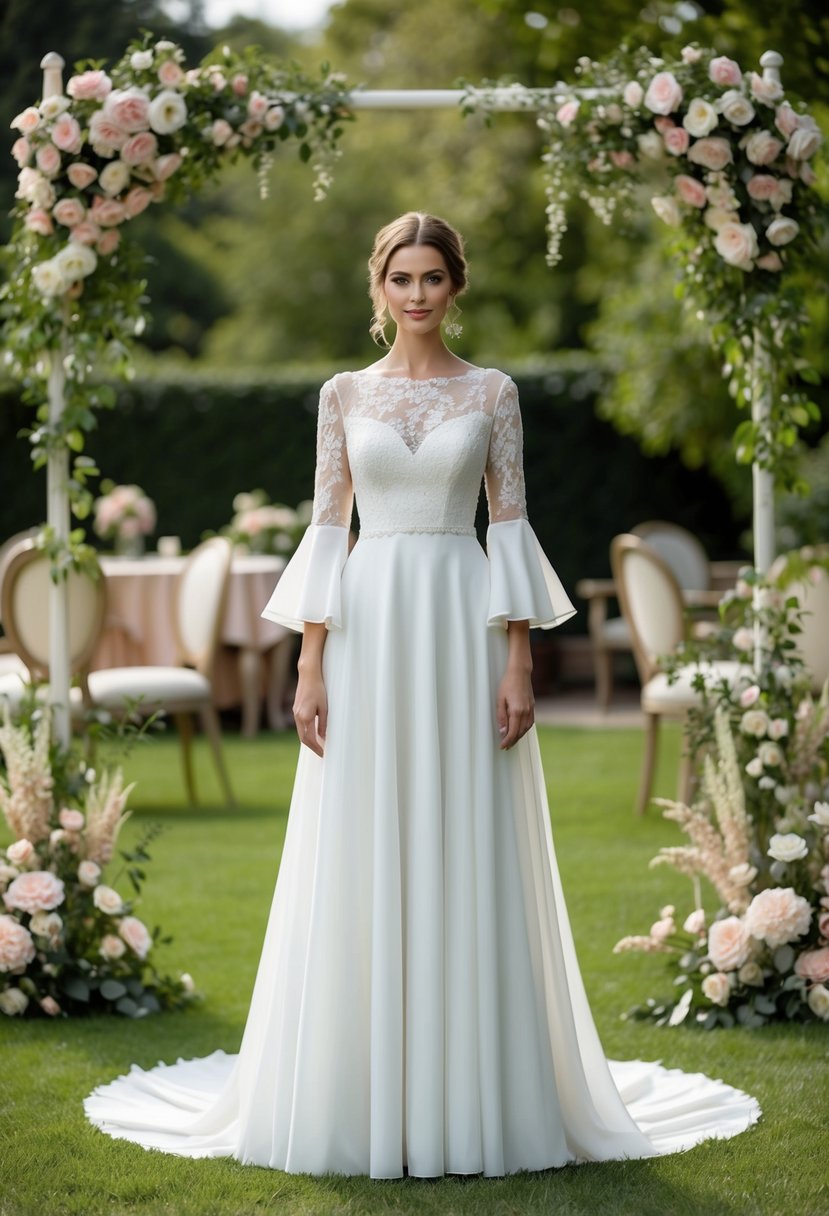 A bride stands in a garden, wearing a flowing A-line wedding dress with lace detailing and bell sleeves, surrounded by vintage floral decor