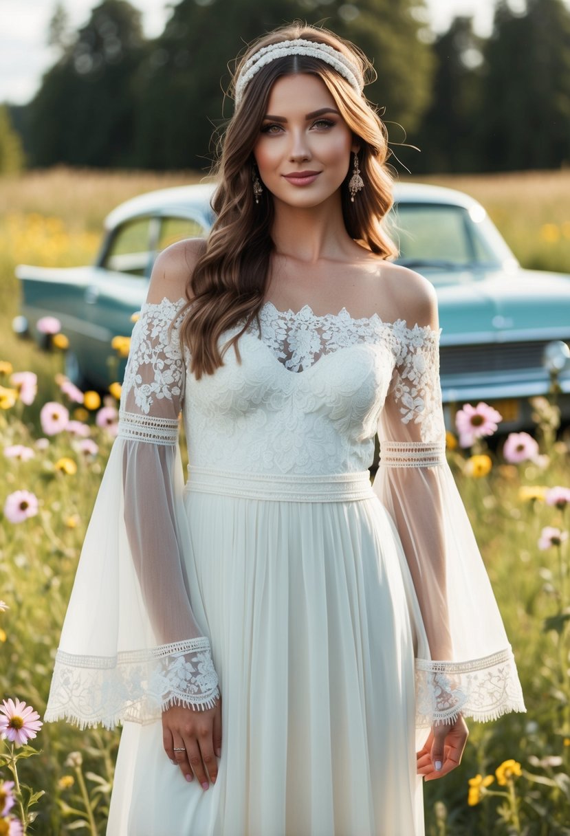 A flowy, off-the-shoulder wedding dress with lace details, bell sleeves, and a bohemian headband. Wildflowers and a retro car in the background