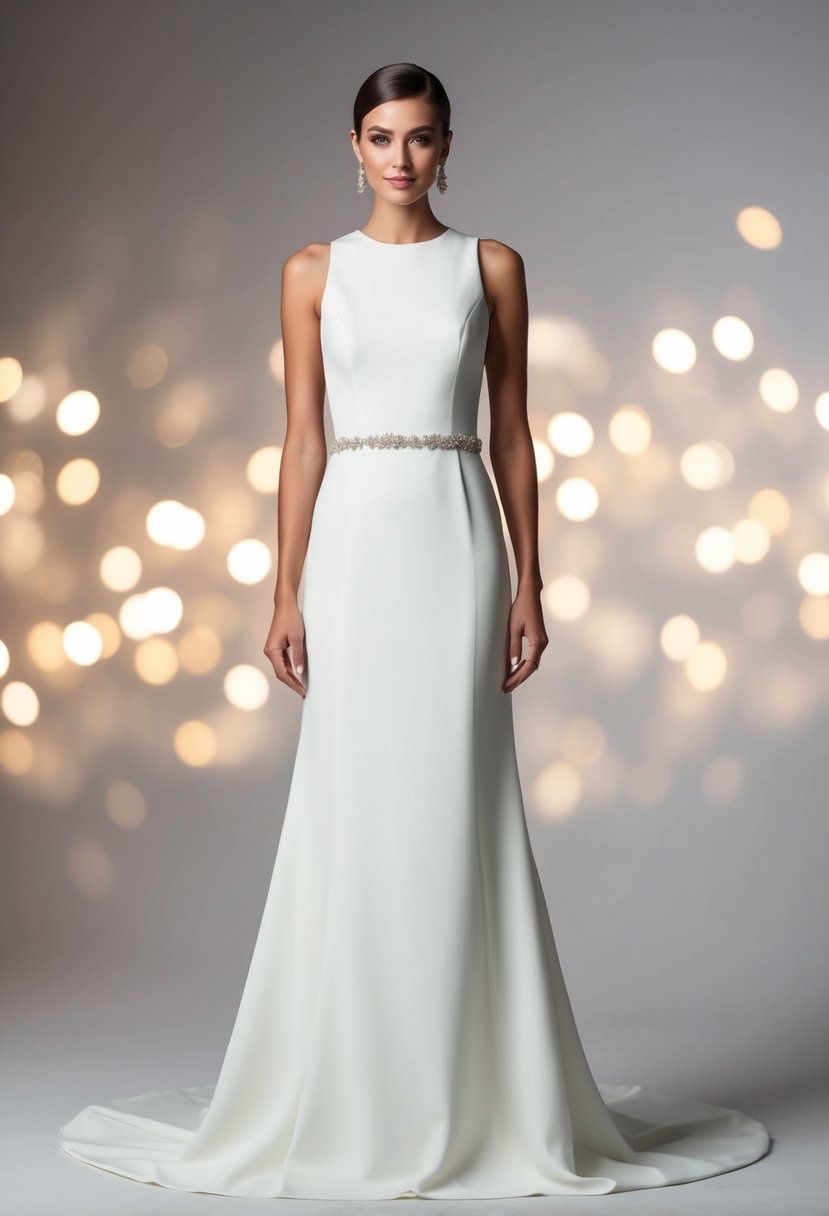 A sleek, sleeveless A-line gown in ivory with a high neckline and clean lines. The dress features minimal embellishments and a simple, elegant silhouette