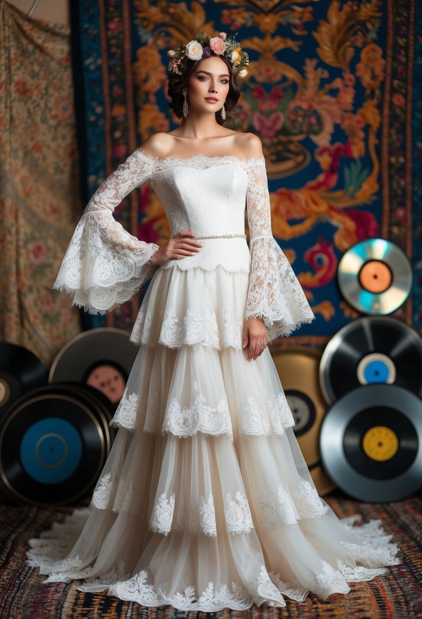 A flowing, off-the-shoulder lace gown with bell sleeves, layered skirts, and floral headpiece, set against a backdrop of vintage records and colorful tapestries