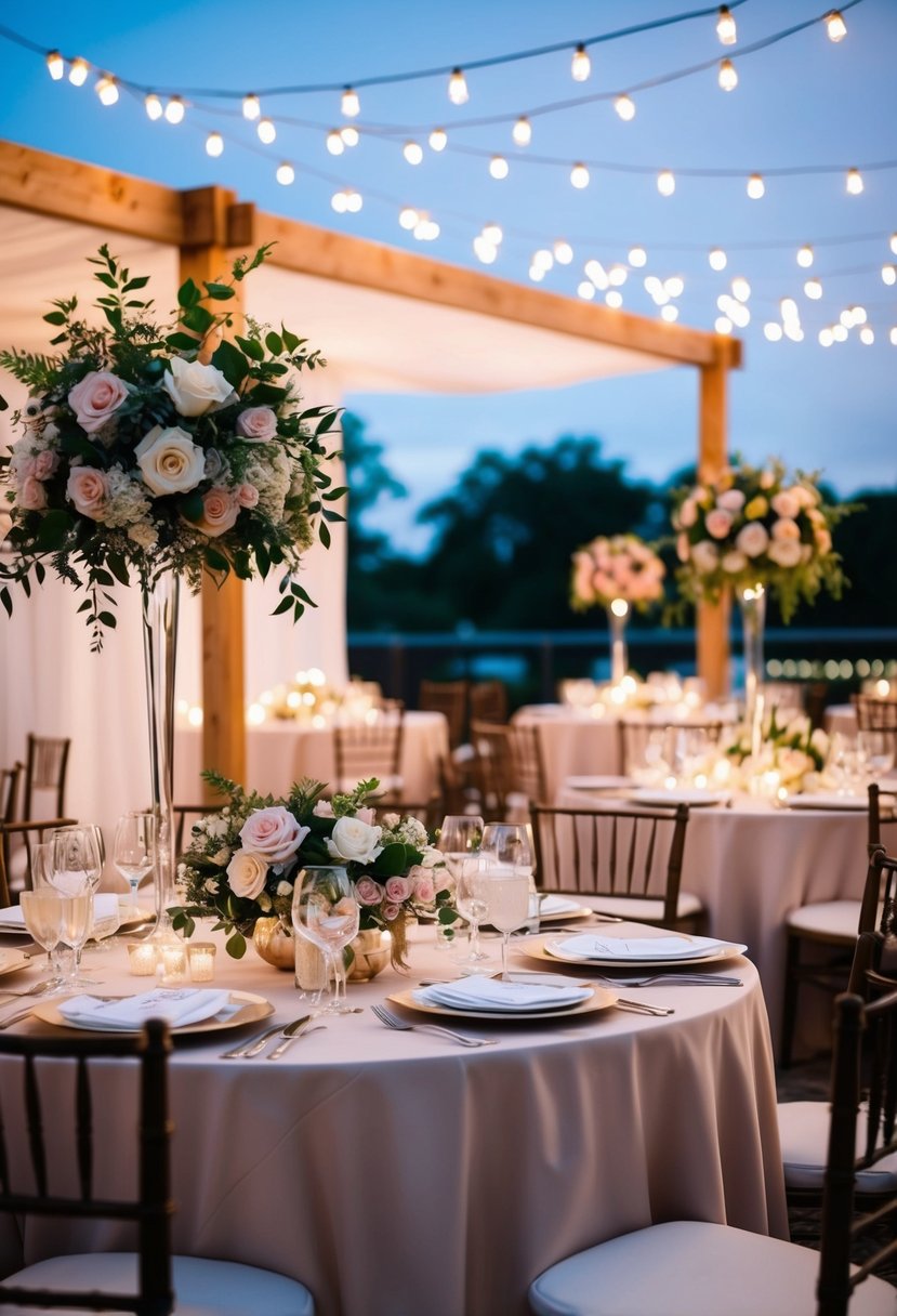 A beautifully decorated outdoor dining area with elegant table settings, floral centerpieces, and soft ambient lighting for a romantic wedding celebration