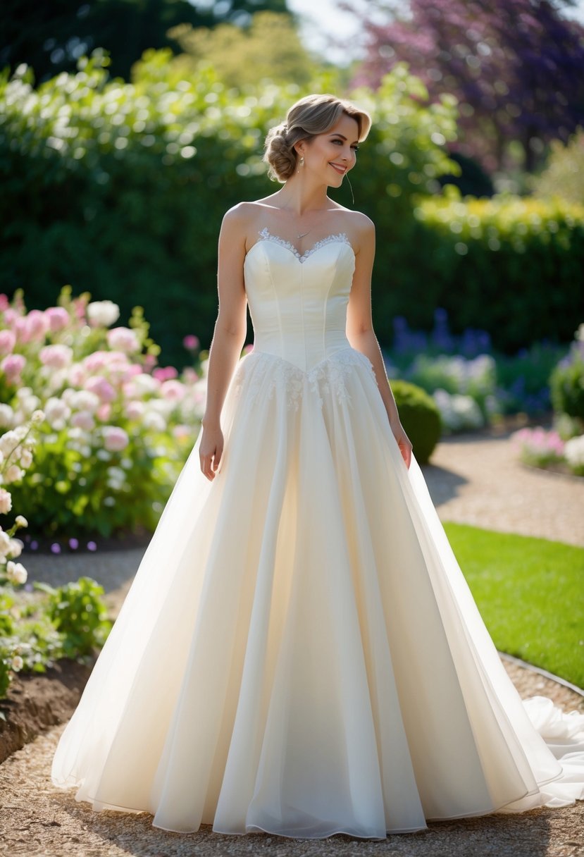 A bride in a 1970s-style ballgown, with a fitted bodice, flowing skirt, and delicate lace or chiffon details, standing in a garden surrounded by blooming flowers and greenery