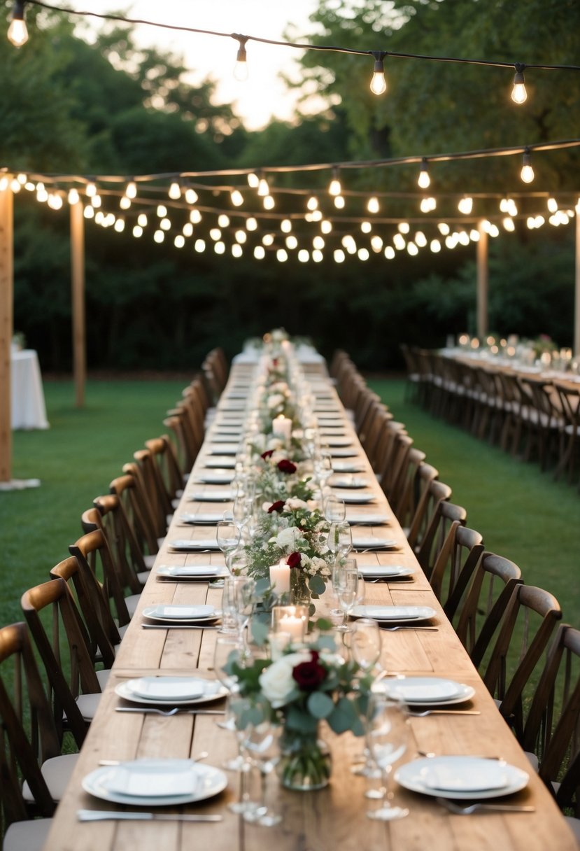 Long wooden tables arranged under string lights for a cozy outdoor wedding dining scene