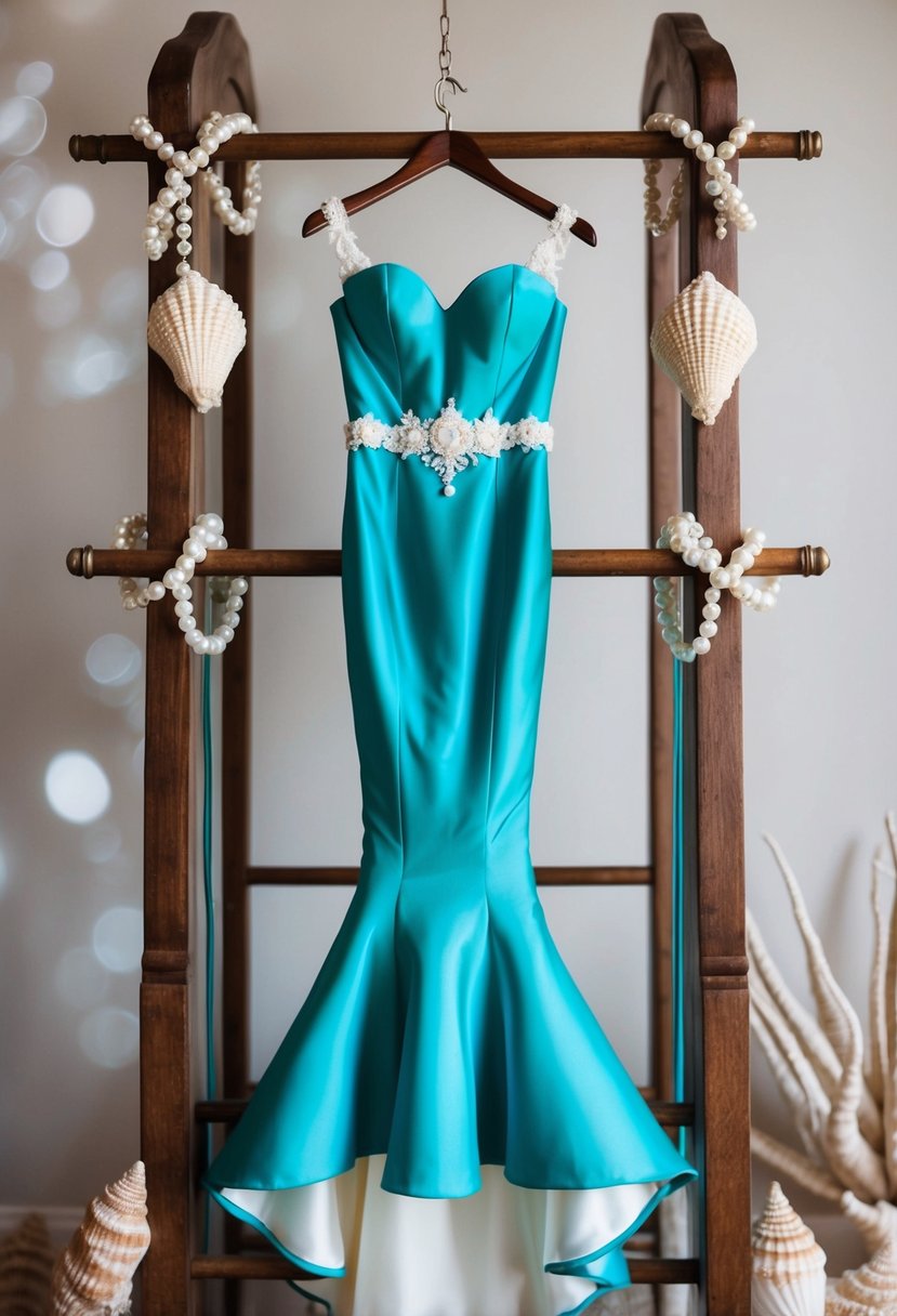 A mermaid silhouette 1970s style wedding dress hanging on a vintage wooden coat rack, surrounded by seashells and pearls