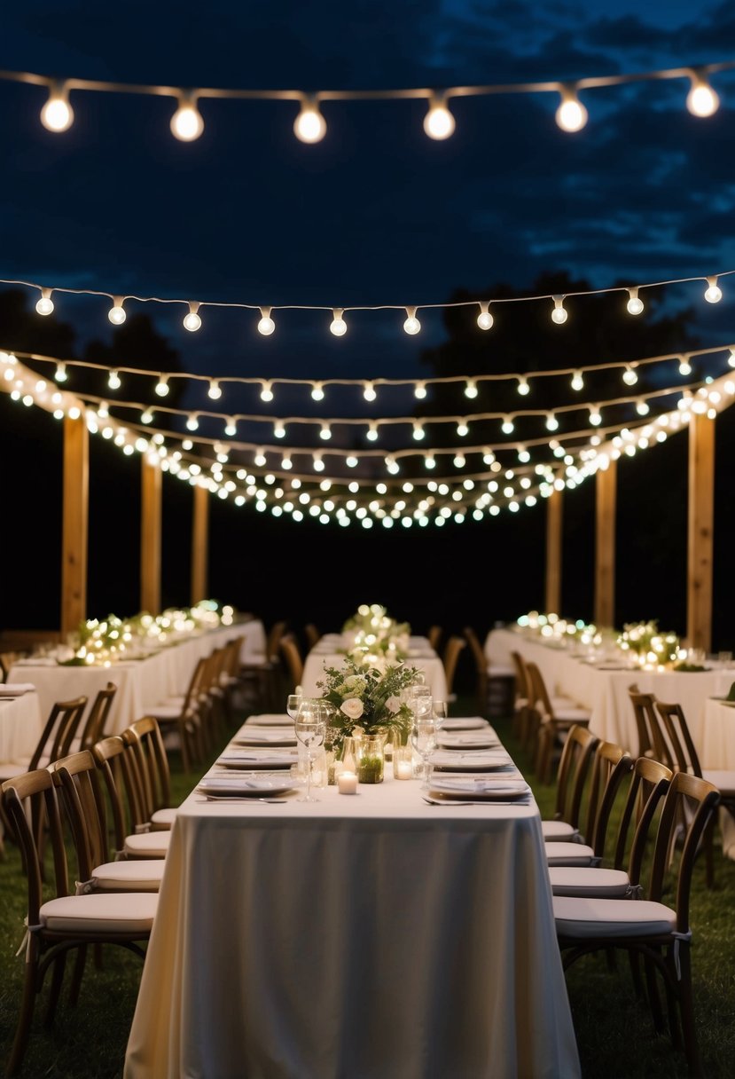 Fairy lights illuminate outdoor dining tables, creating a charming ambiance for a wedding reception under the night sky