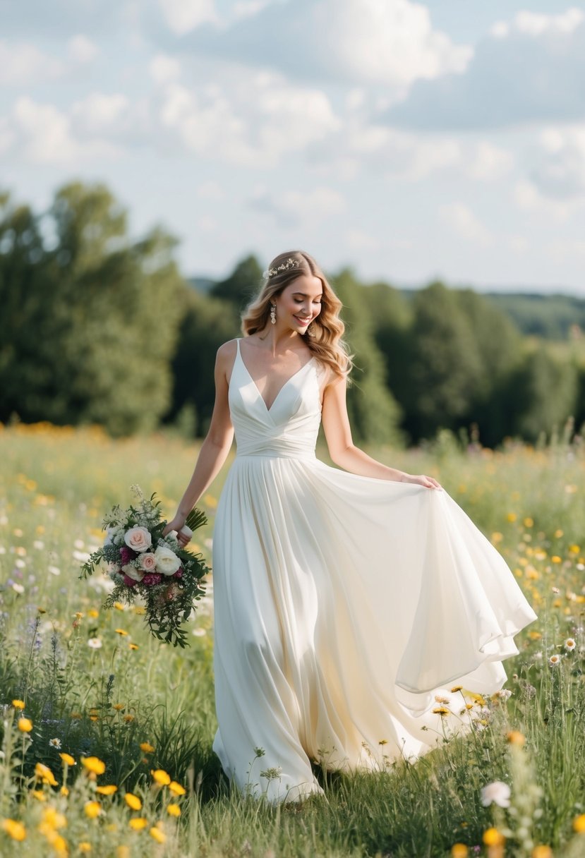 A bride in a 1970s-inspired drop-waist wedding dress twirls in a field of wildflowers, with a bohemian bouquet in hand