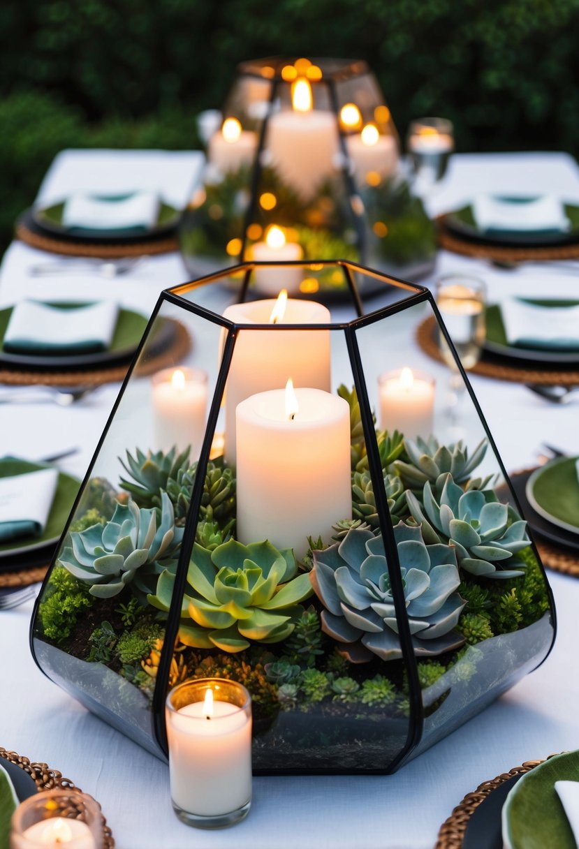 A lush terrarium centerpiece sits on an outdoor dining table, surrounded by succulents and candles, creating a serene and elegant atmosphere for a wedding celebration