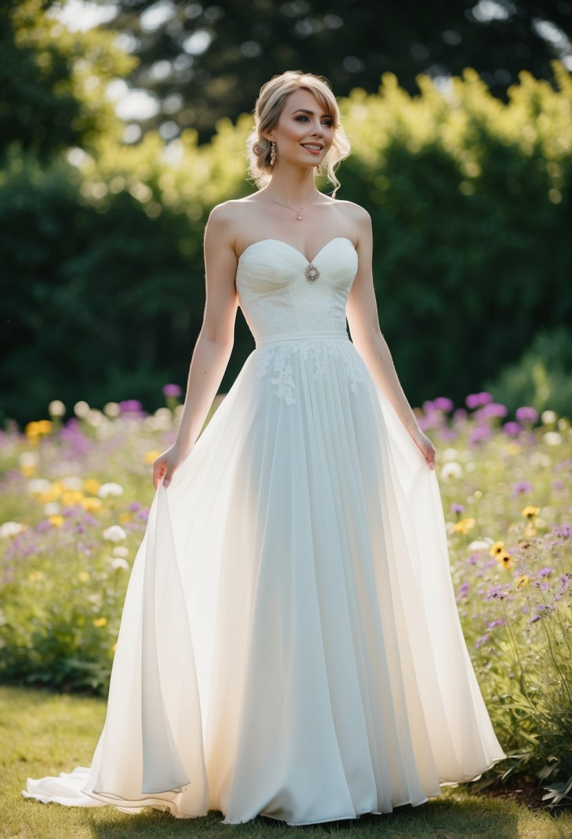 A bride in a 1970s style wedding dress with a sweetheart neckline, flowing skirt, and lace details, standing in a garden surrounded by wildflowers