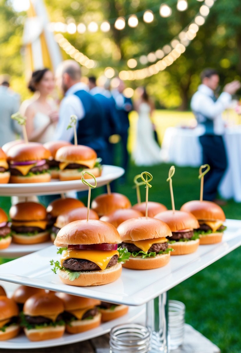 A festive outdoor wedding scene with a slider station serving mini burgers