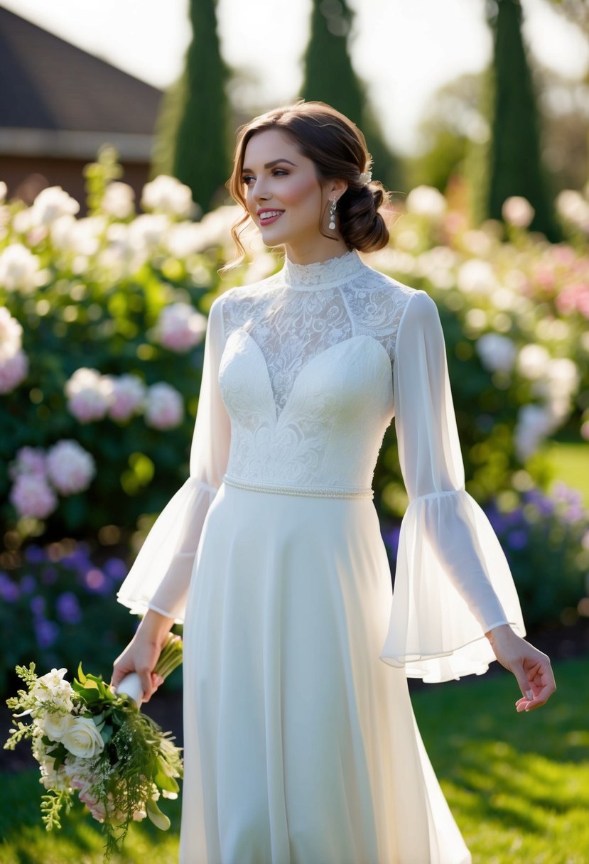 A bride in a 1970s style wedding dress, with flowing sleeves, a high neckline, and delicate lace details, standing in a garden surrounded by blooming flowers