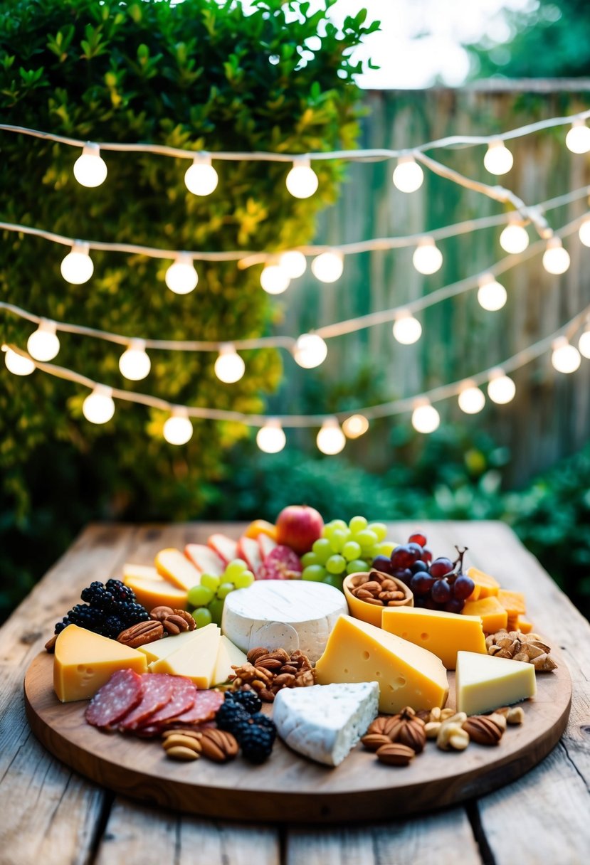 A rustic wooden table adorned with an array of cheeses, meats, fruits, and nuts, set against a backdrop of lush greenery and twinkling string lights