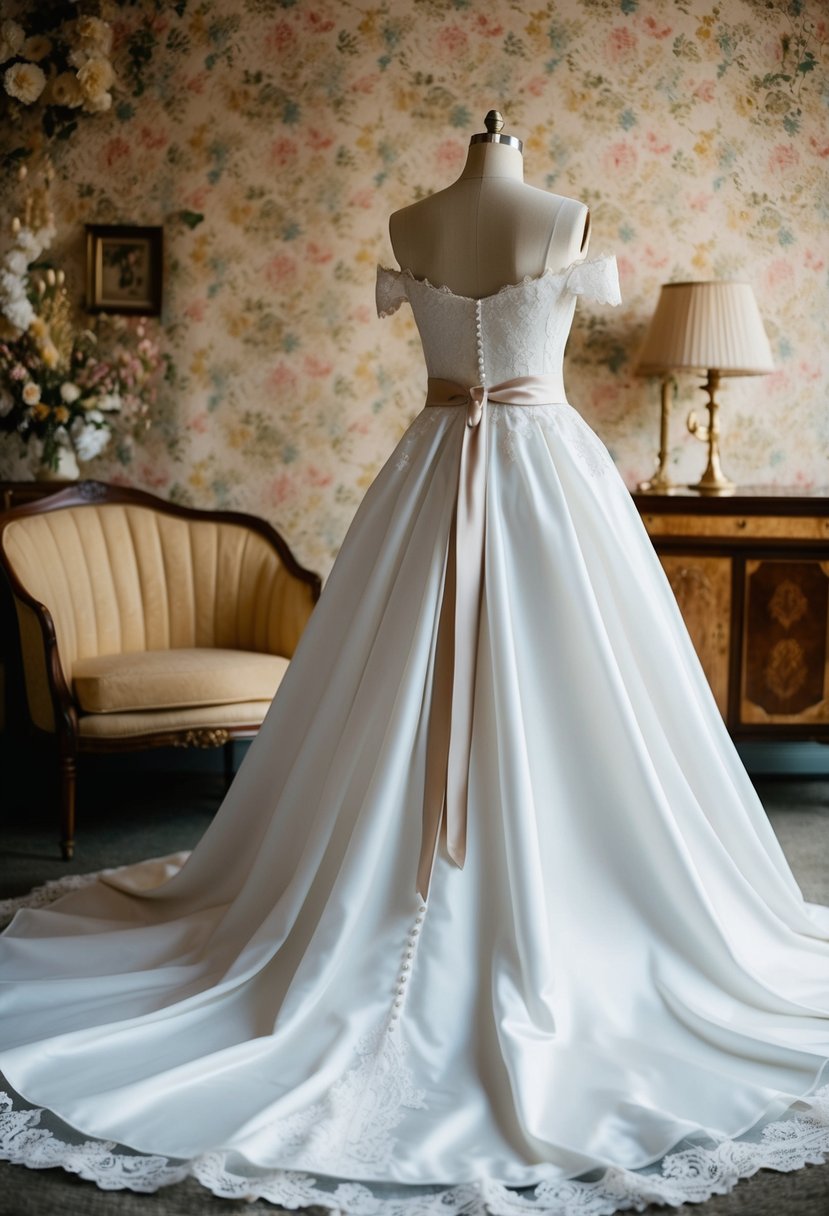 A flowing, off-the-shoulder wedding dress with delicate lace details and a simple satin sash, set against a backdrop of retro floral wallpaper and vintage furniture