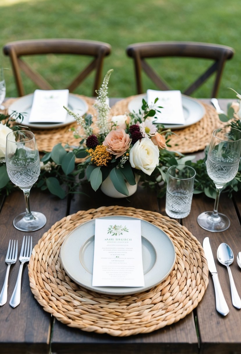 Natural woven place mats arranged on a wooden outdoor table with rustic dinnerware and floral centerpieces for a wedding reception