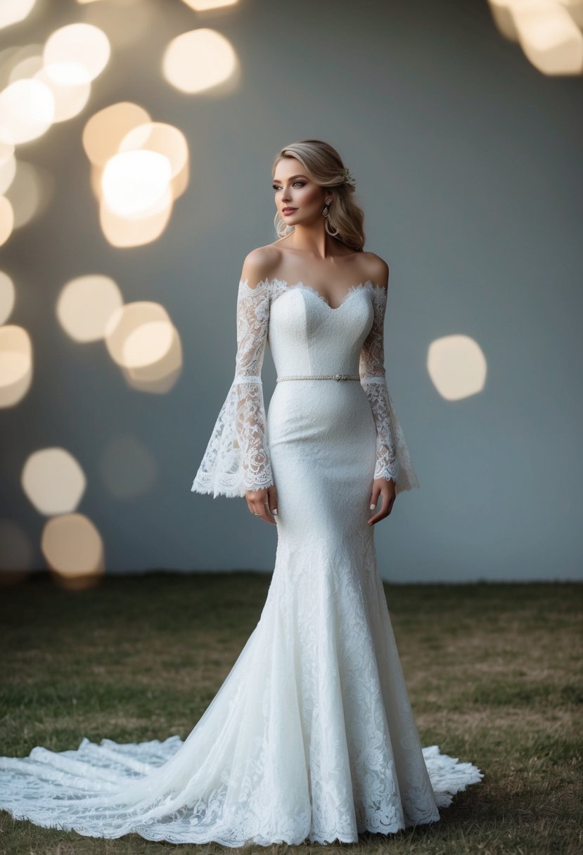 A flowing, off-the-shoulder lace wedding dress with bell sleeves, a fitted bodice, and a long, flowing skirt