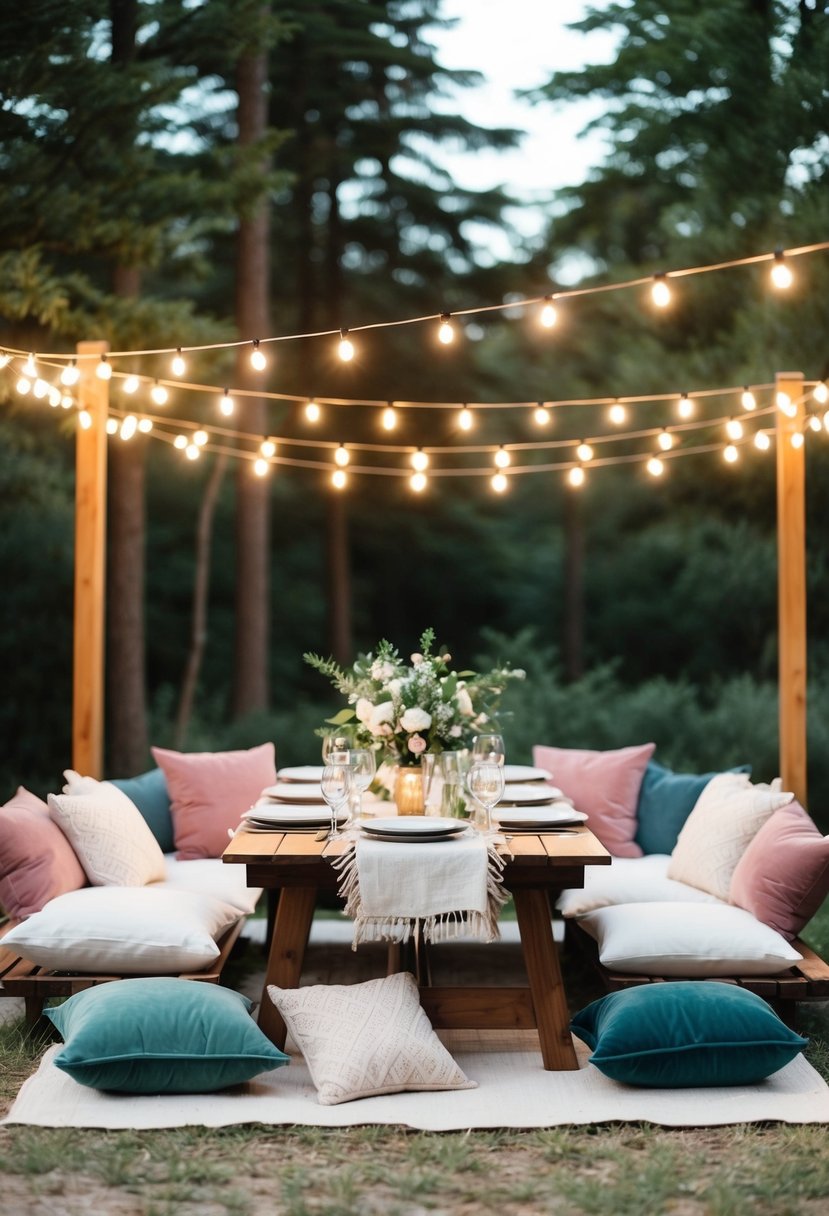 A cozy outdoor dining setup with blankets, pillows, and low picnic-style seating arranged for a wedding celebration