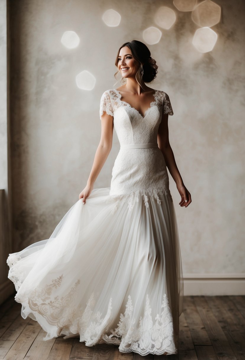 A bride twirls in a flowing, lace-trimmed wedding dress with a fitted bodice and flared skirt. The dress exudes vintage 1970s charm with its romantic, bohemian style