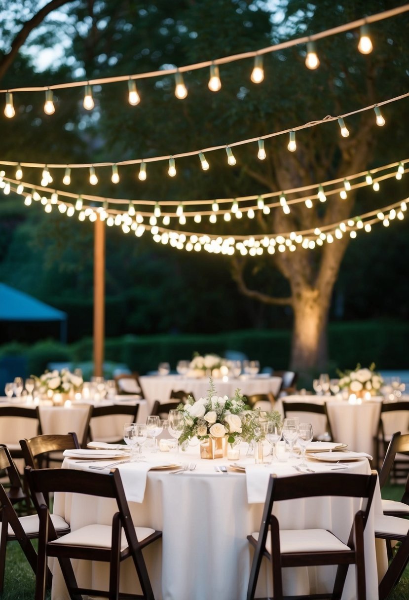 String lights hang over reception tables in a romantic outdoor wedding setting