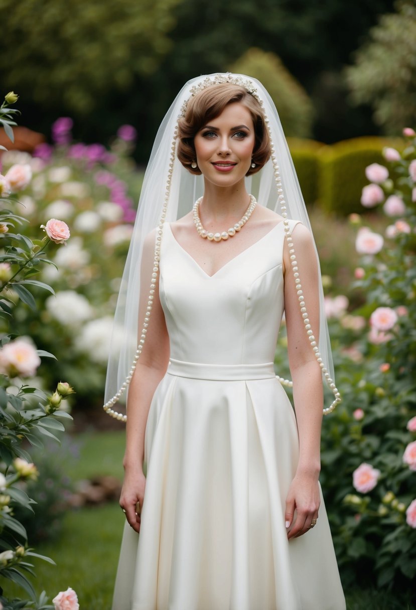 A bride in a 1970s style wedding dress with a pearl veil accent, standing in a garden surrounded by blooming flowers and greenery