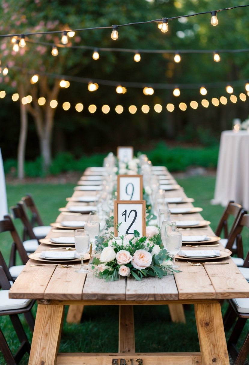 A rustic wooden table with engraved numbers set in an outdoor wedding reception, surrounded by blooming flowers and twinkling string lights