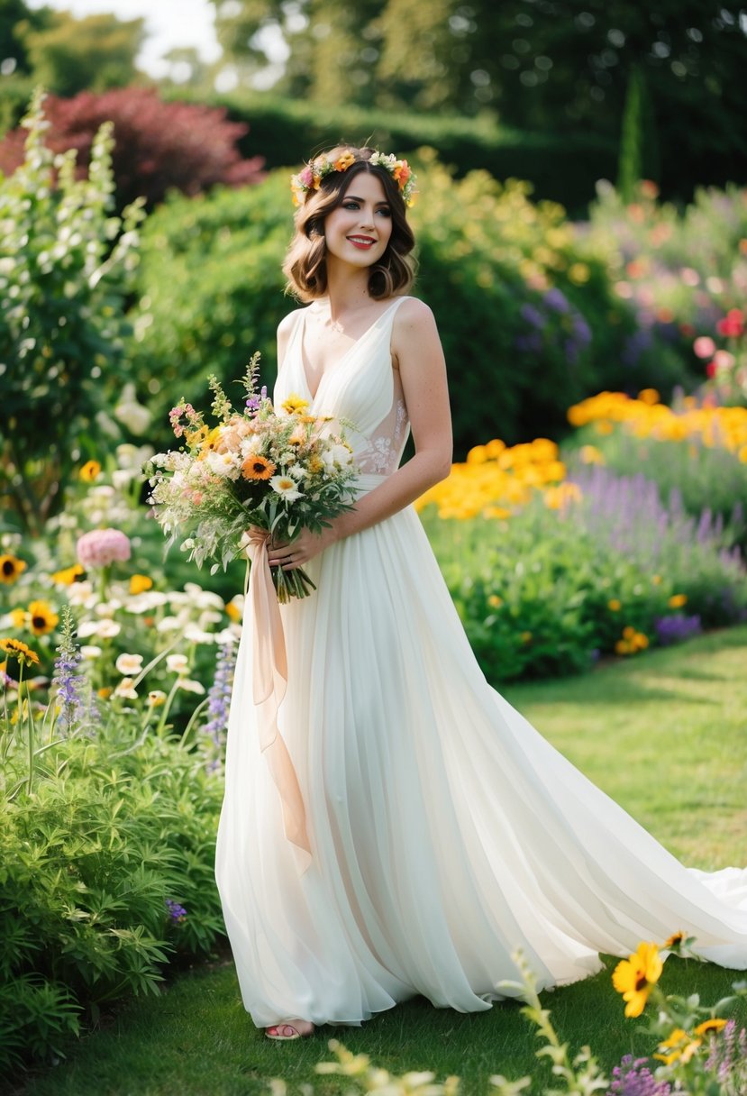 A bride in a flowing 1970s-style wedding dress stands in a lush garden, surrounded by colorful flowers and greenery. She holds a bouquet of wildflowers and wears a flower crown in her hair