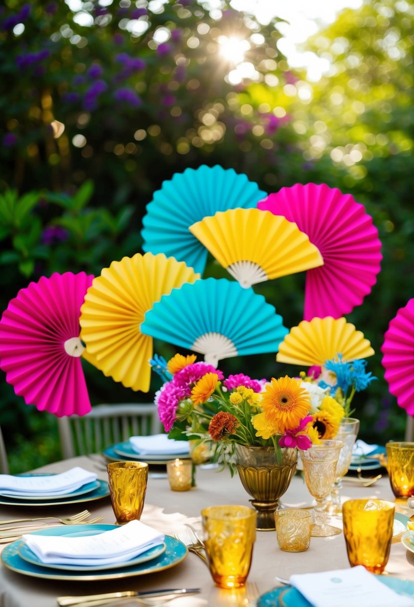 Vibrant paper fans scattered on a sunlit outdoor dining table, surrounded by colorful flowers and elegant place settings