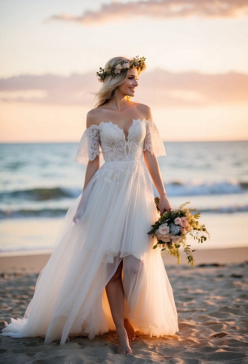 A flowing, off-the-shoulder lace gown with floral crown and barefoot bride on a sandy beach at sunset