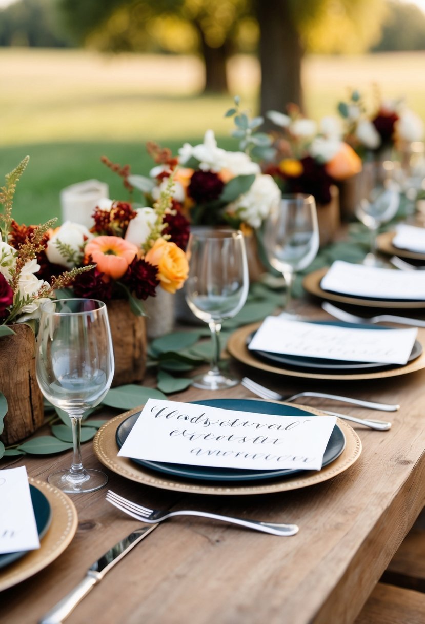 An outdoor table set with handwritten escort cards among rustic floral centerpieces