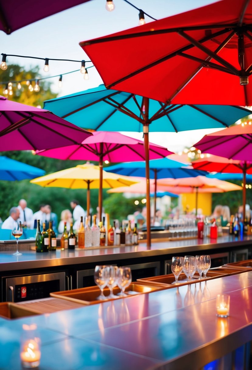 Vibrant bar setups with colorful umbrellas and festive lighting for outdoor wedding dining