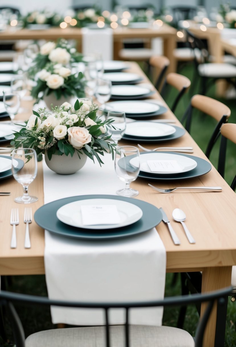 A simple, elegant outdoor dining setup with modern tableware and subtle floral arrangements for a wedding reception