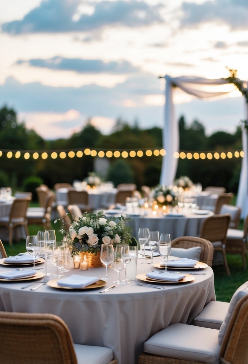 Plush outdoor seating arranged for wedding dining and lounging