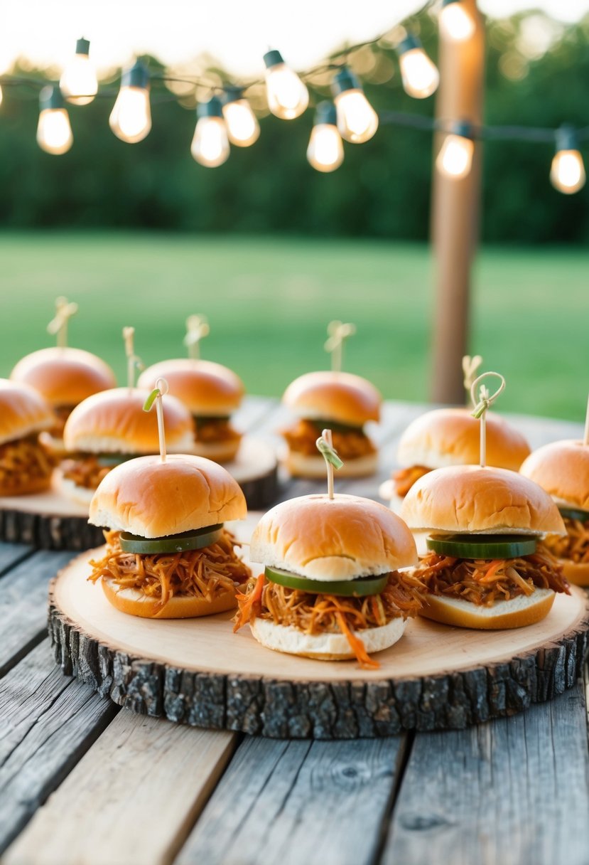 A festive outdoor wedding scene with a variety of sliders filled with pulled pork, set on rustic wooden tables with string lights overhead