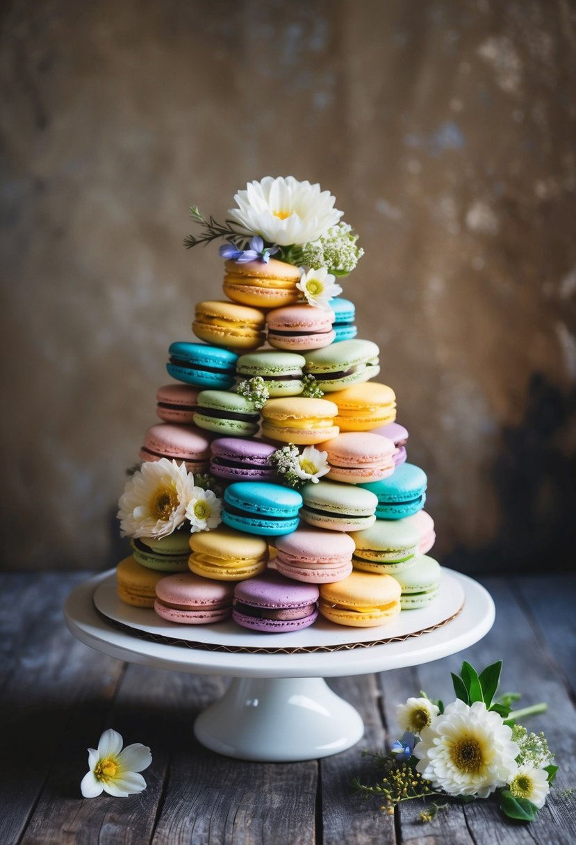 A tiered cake made of colorful macarons and fresh flowers, set against a rustic backdrop