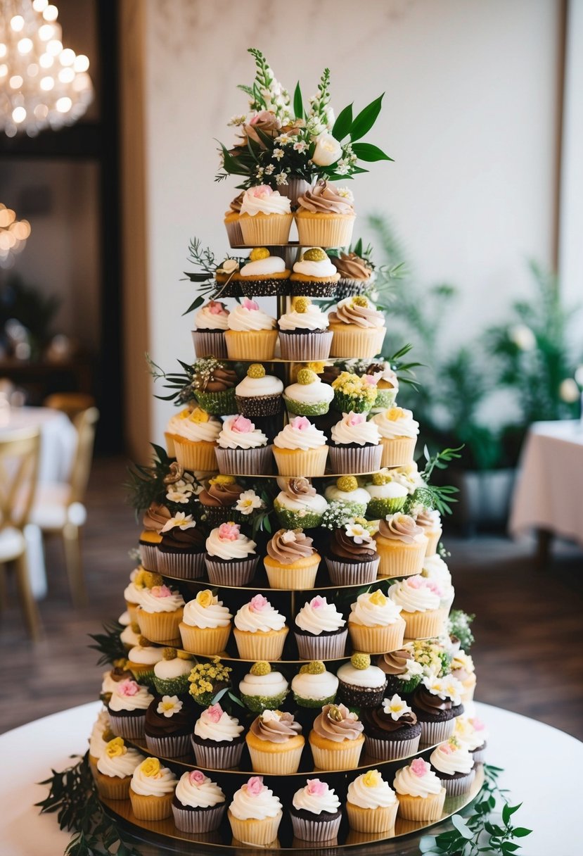 A tall tower of assorted cupcakes arranged in a spiral, adorned with flowers and greenery, serving as a unique and elegant alternative to a traditional wedding cake