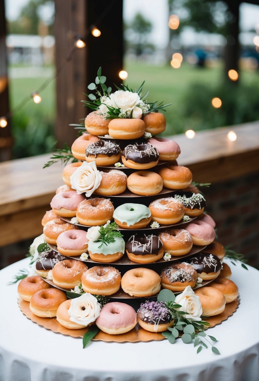 A tiered display of assorted doughnuts, adorned with flowers and greenery, serves as an alternative wedding cake