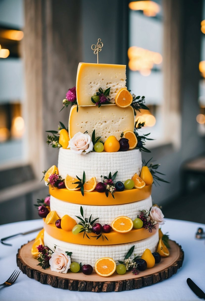 A towering wheel of cheese adorned with flowers and fruit, serving as an alternative wedding cake