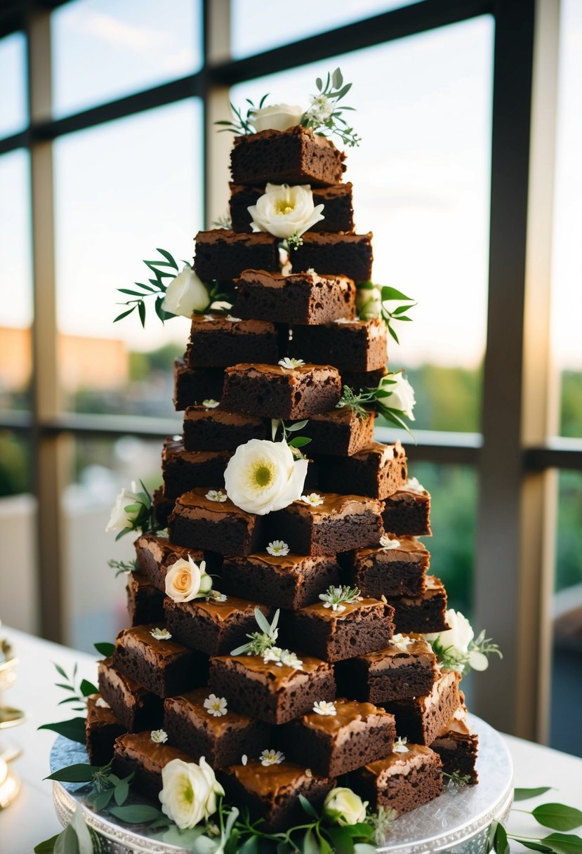 A towering stack of decadent brownies adorned with flowers and greenery, serving as an alternative wedding cake