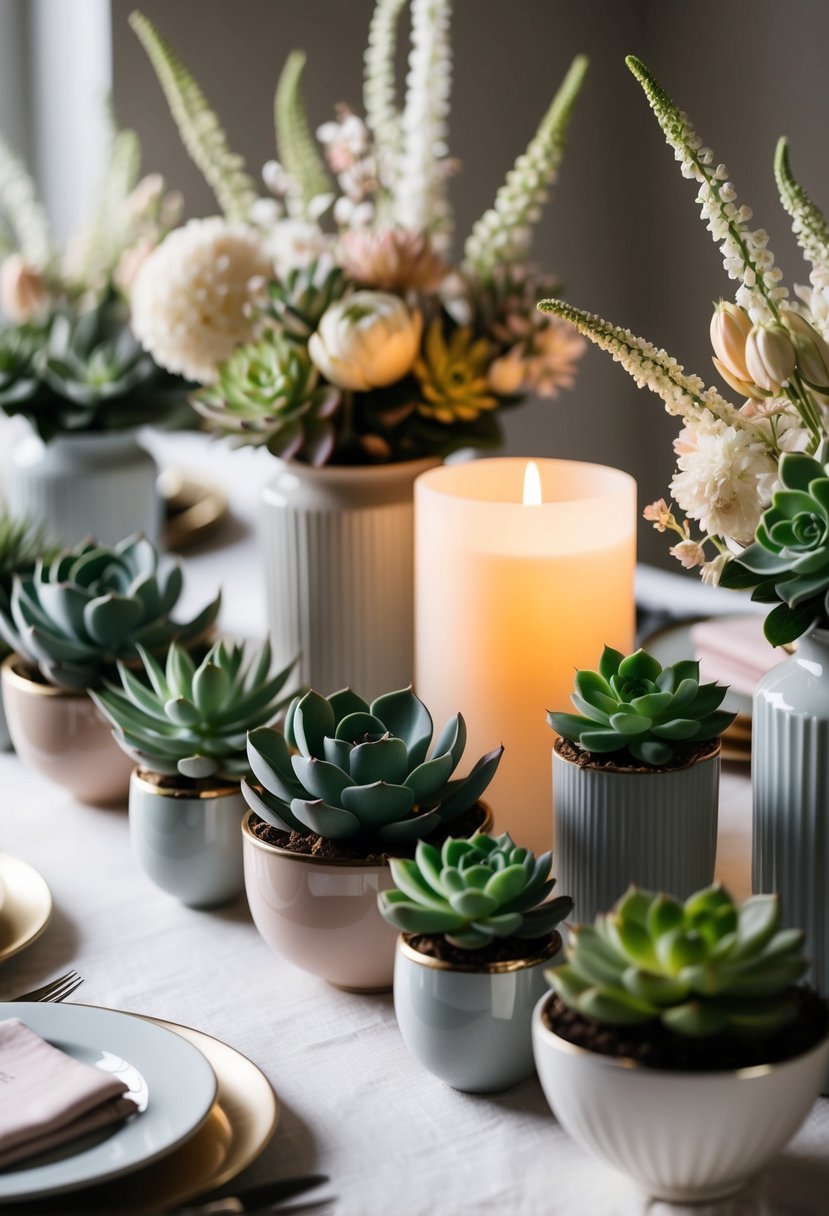 A table adorned with various succulents in elegant vases, complemented by soft candlelight and delicate floral arrangements