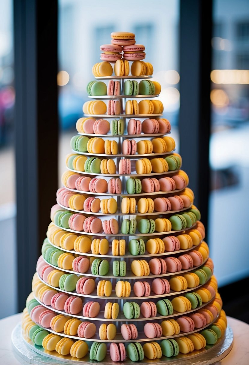 A tall pyramid of colorful macarons, arranged in a spiral pattern, serves as an alternative wedding cake