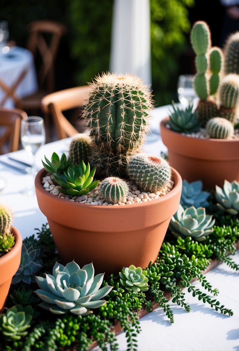 A terracotta cactus garden adorns a wedding table, with various succulents arranged in a decorative display