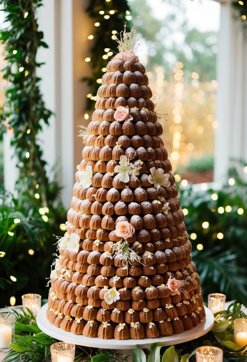 A towering croquembouche adorned with delicate spun sugar and edible flowers, surrounded by twinkling fairy lights and lush greenery