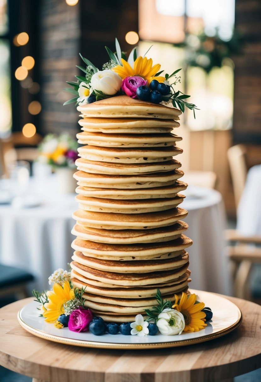 A towering stack of pancakes adorned with flowers and fruit, serving as an alternative wedding cake