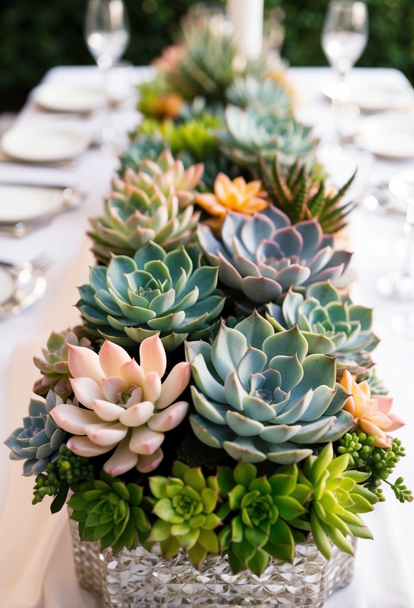 A variety of pastel-colored succulents arranged in a decorative centerpiece on a wedding table