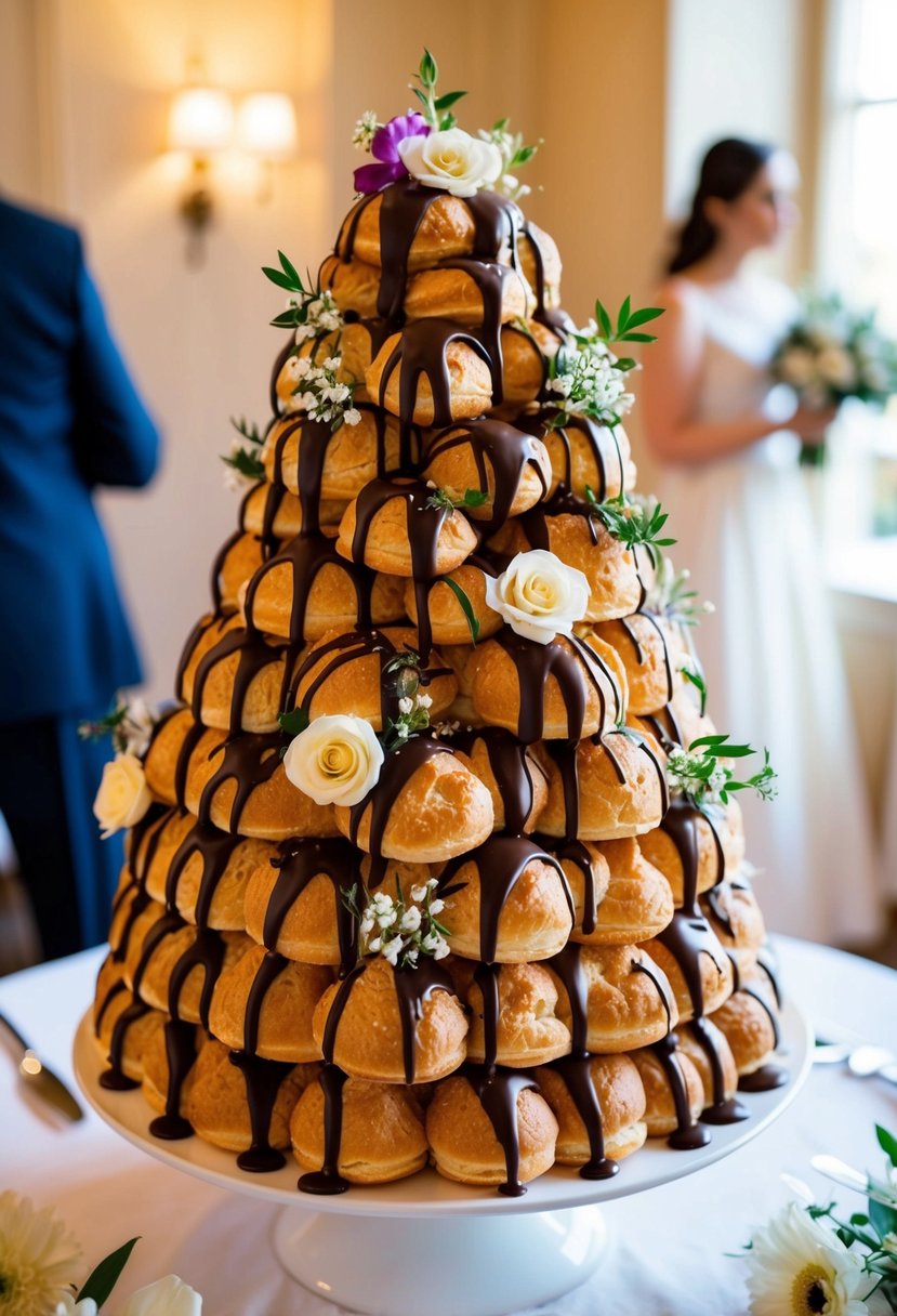 A towering display of profiteroles, adorned with delicate flowers and drizzled with decadent chocolate, stands as an elegant alternative to a traditional wedding cake