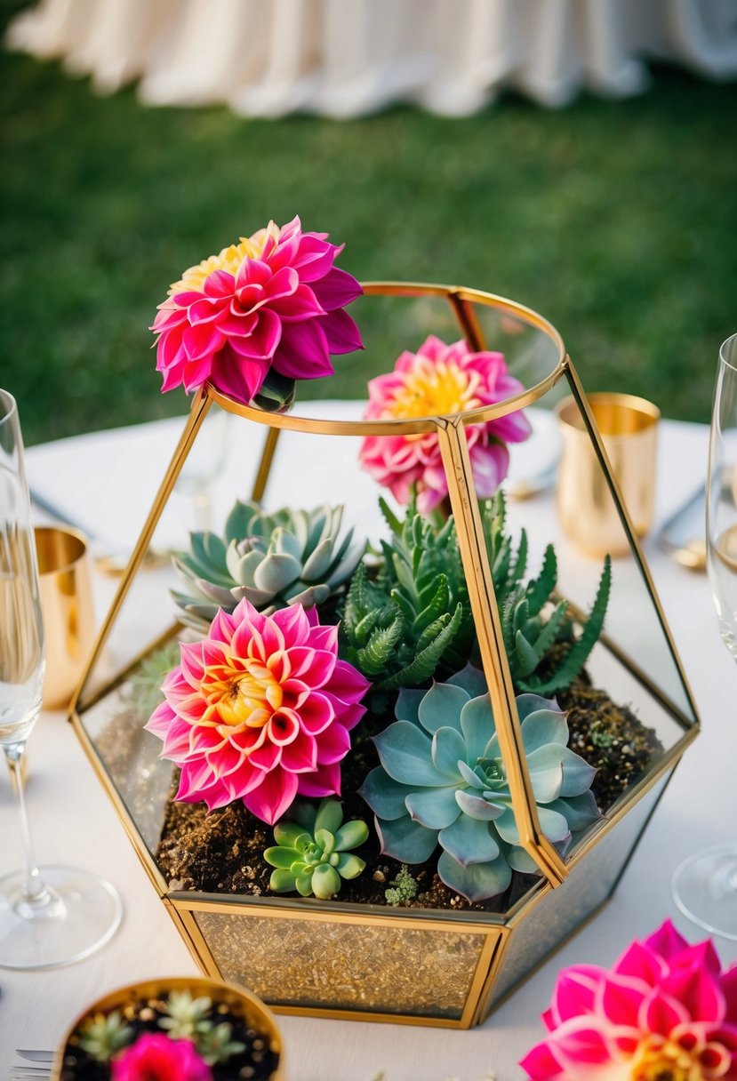 A gold terrarium filled with vibrant dahlias and succulents adorns a wedding table